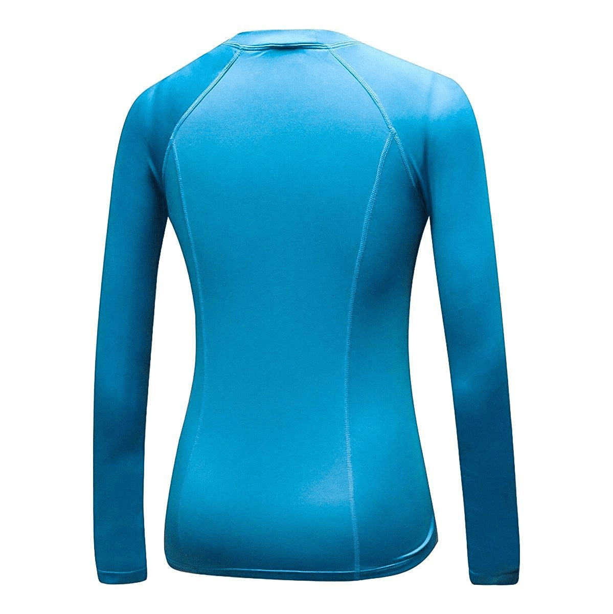 Back view of blue women's thumb hole design running top, ideal for workouts. Features quick-dry, breathable polyester and spandex fabric.